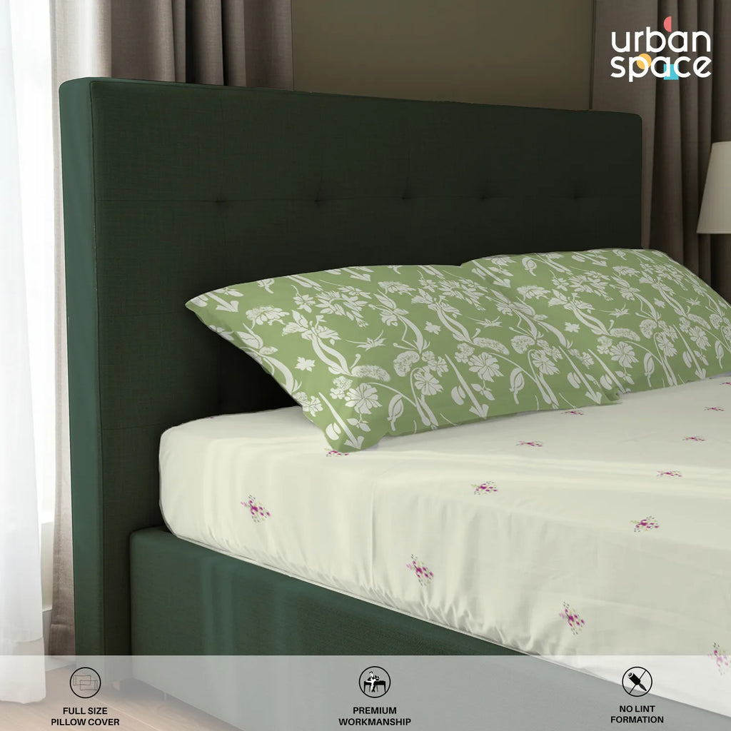 Serene 200 TC 100% Cotton Bedsheet with Pillow Covers - Vine Gardens Sage Green