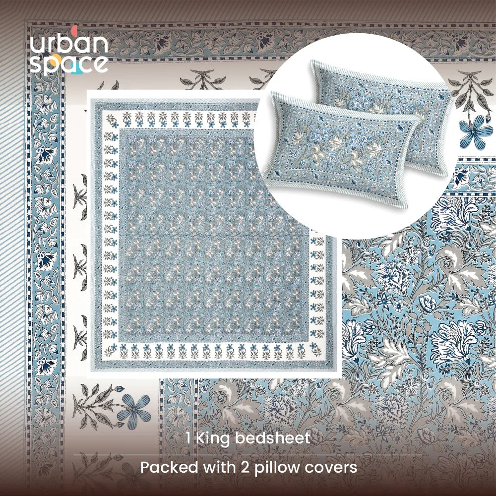 Rajasthani Ethnic 100% Cotton Bedsheet with 2 Pillow Covers, Double & King Bed - Rangrez Blue