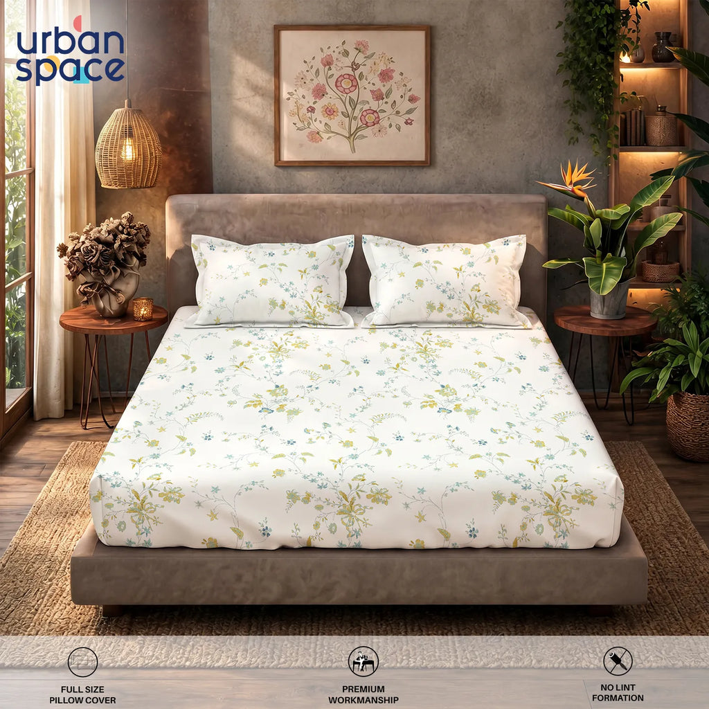 Serene 200 TC 100% Cotton Bedsheet with Pillow Covers - Bloom Pearls Sage Mustard