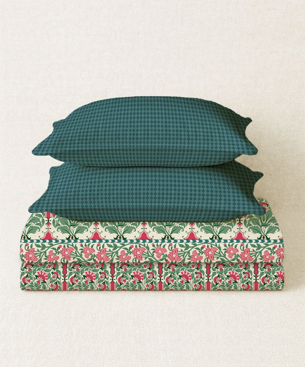 Home Essential Royal Bloom Queen Bedsheet Set, Rosario Teal| 144TC Cotton| 2 Pillow Covers