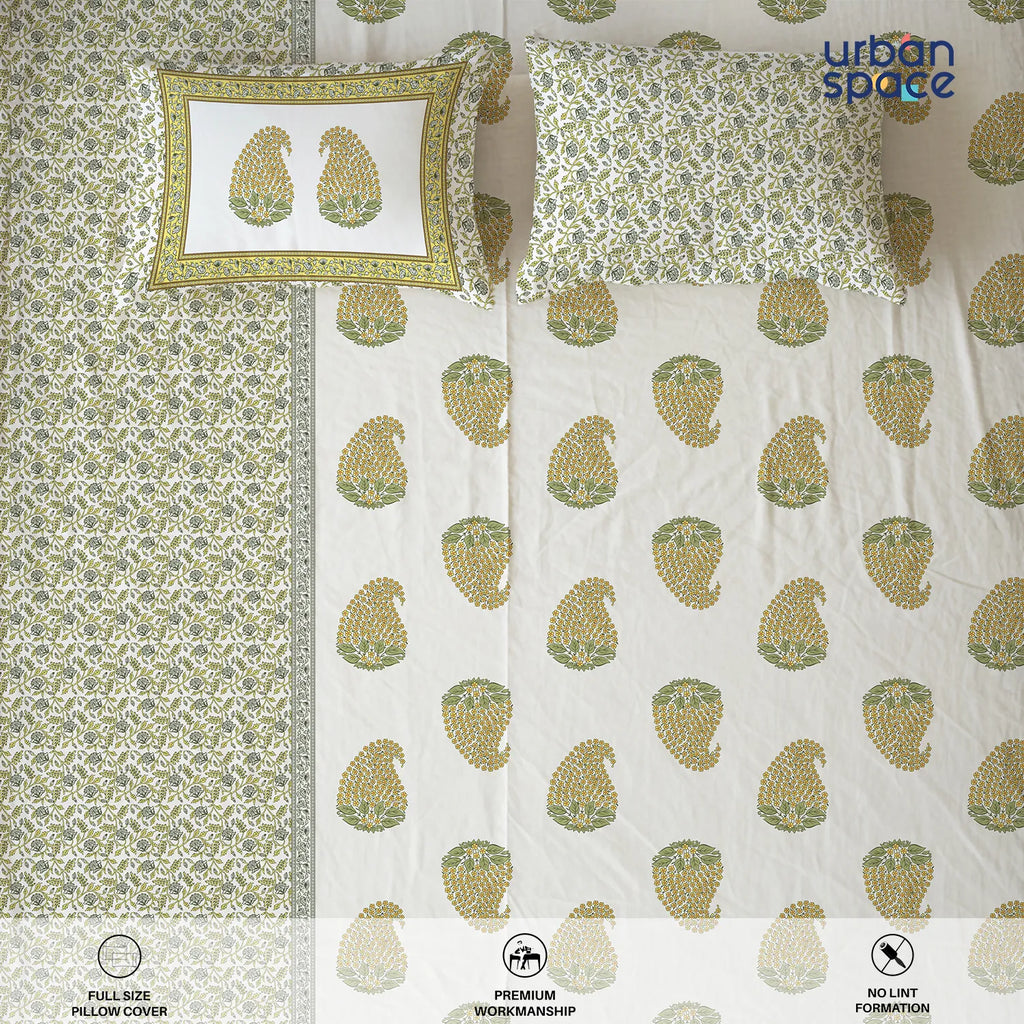 Serene 300 TC 100% Cotton Bedsheet with Pillow Covers, Panel Design - Kairavi Soft Yellow