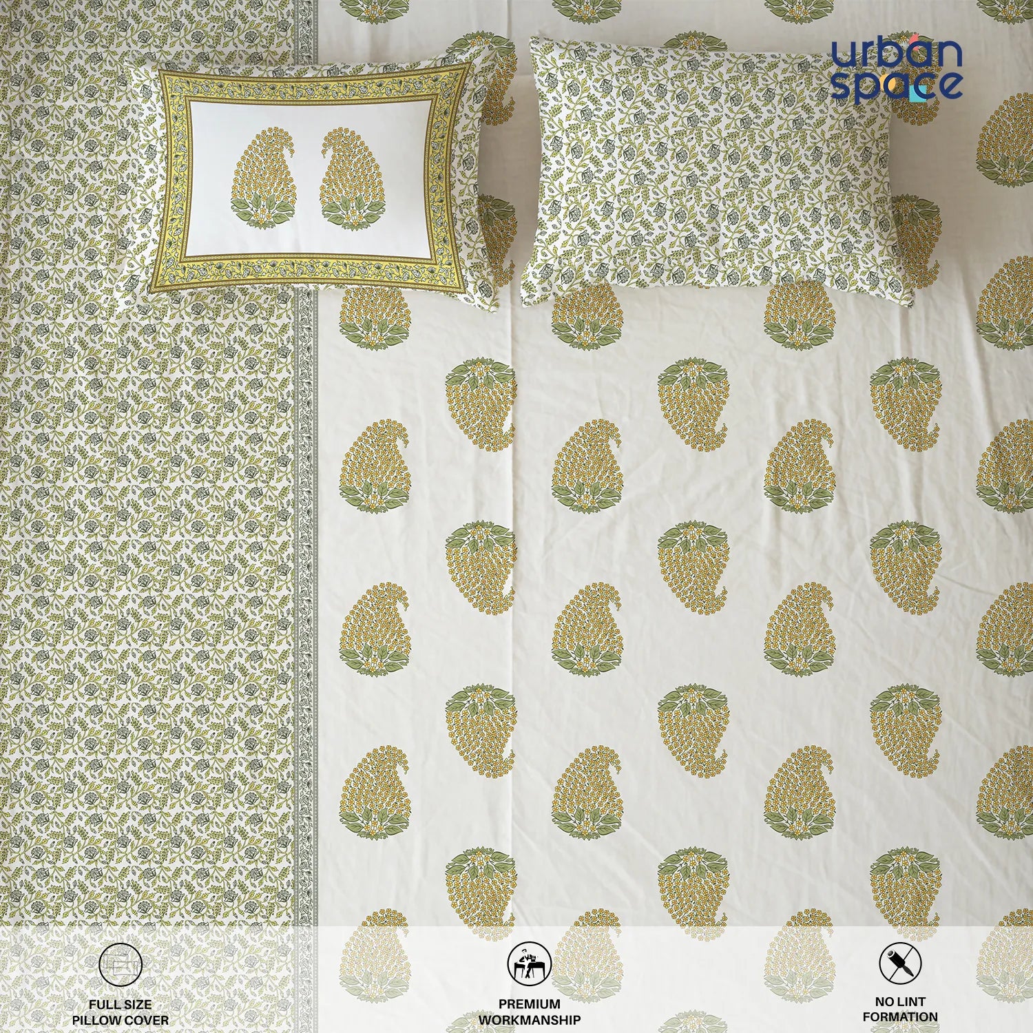 Serene 300 TC 100% Cotton Bedsheet with Pillow Covers, Panel Design - Kairavi Soft Yellow