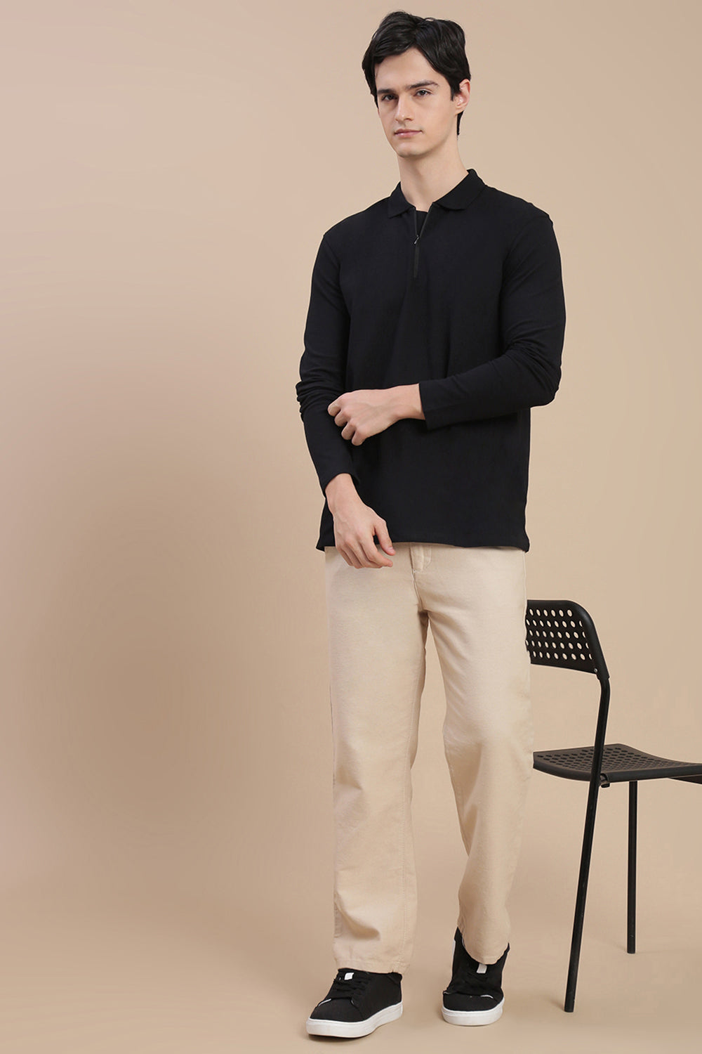 Men Black Bonded Zipper Polo T-Shirt