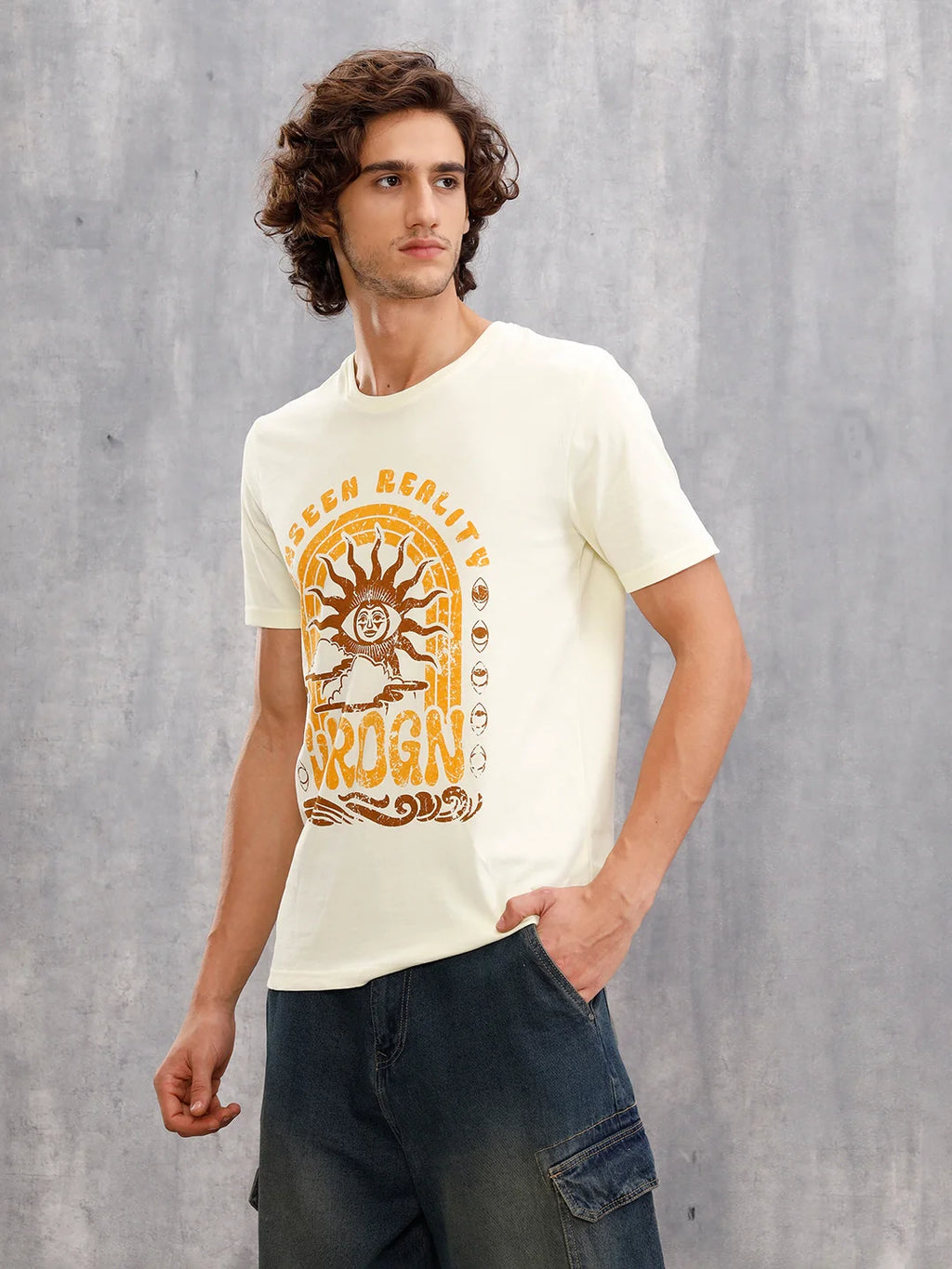 Zen Inspired Chest Print Graphic Crew Neck T-Shirt  |  Yellow