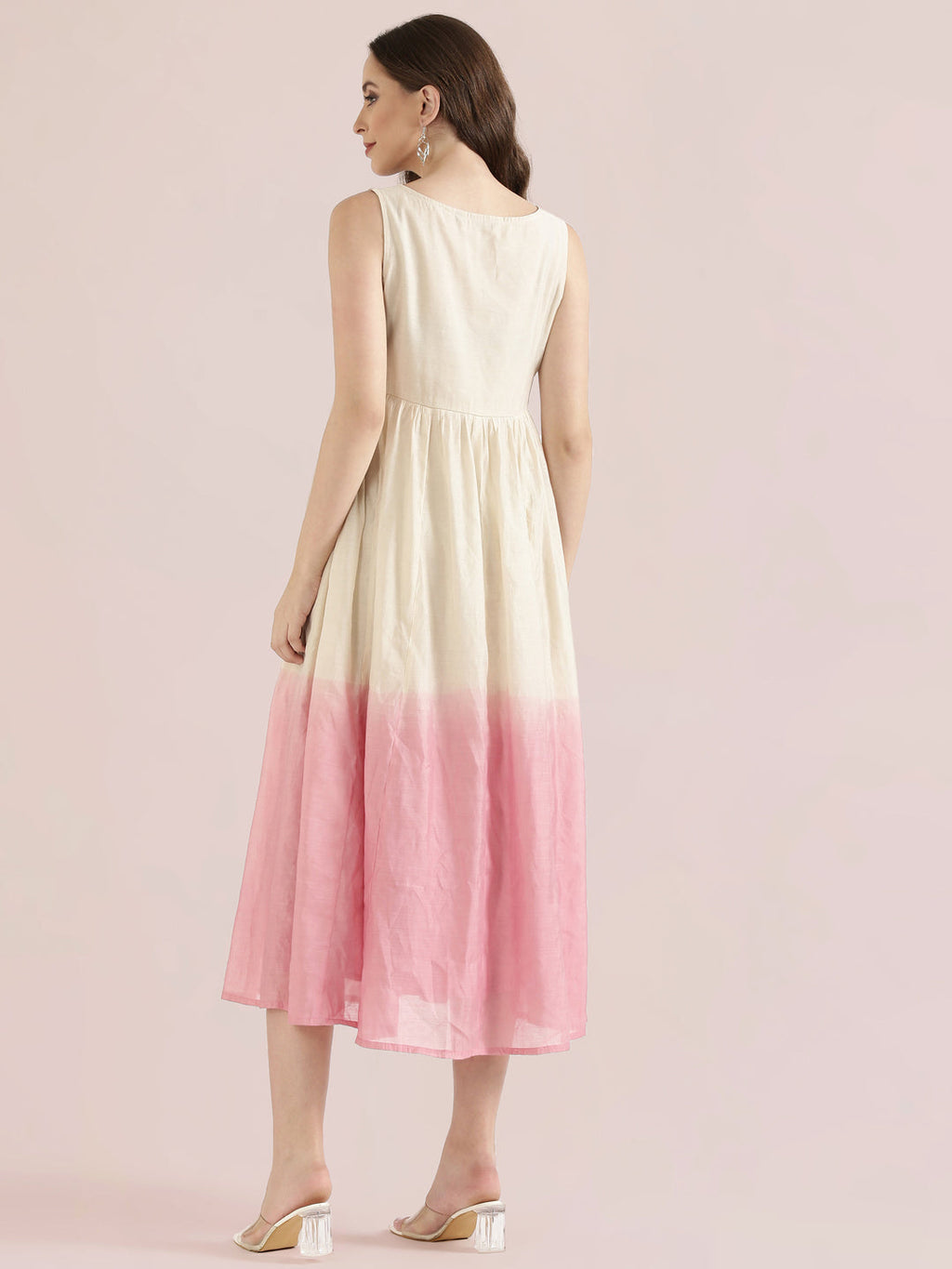 Chanderi Lotus Embroidered Ombre Dip-Dye Gathered Dress
