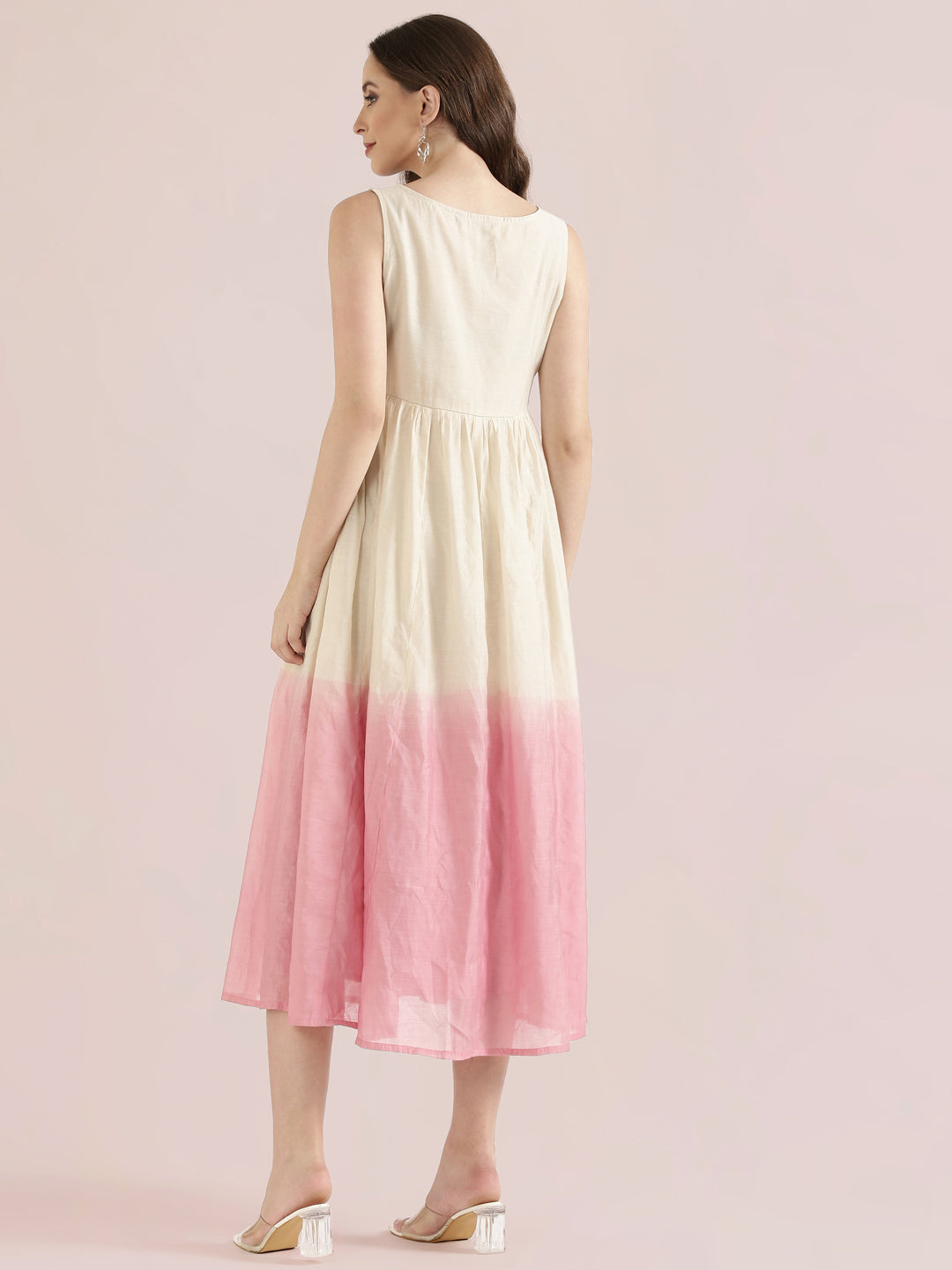 Chanderi Lotus Embroidered Ombre Dip-Dye Gathered Dress