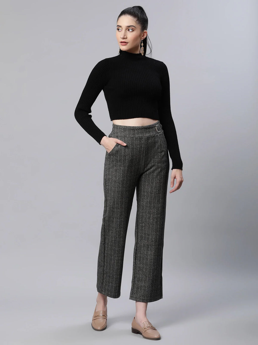 Grey Striped High Waist Straight Trousers