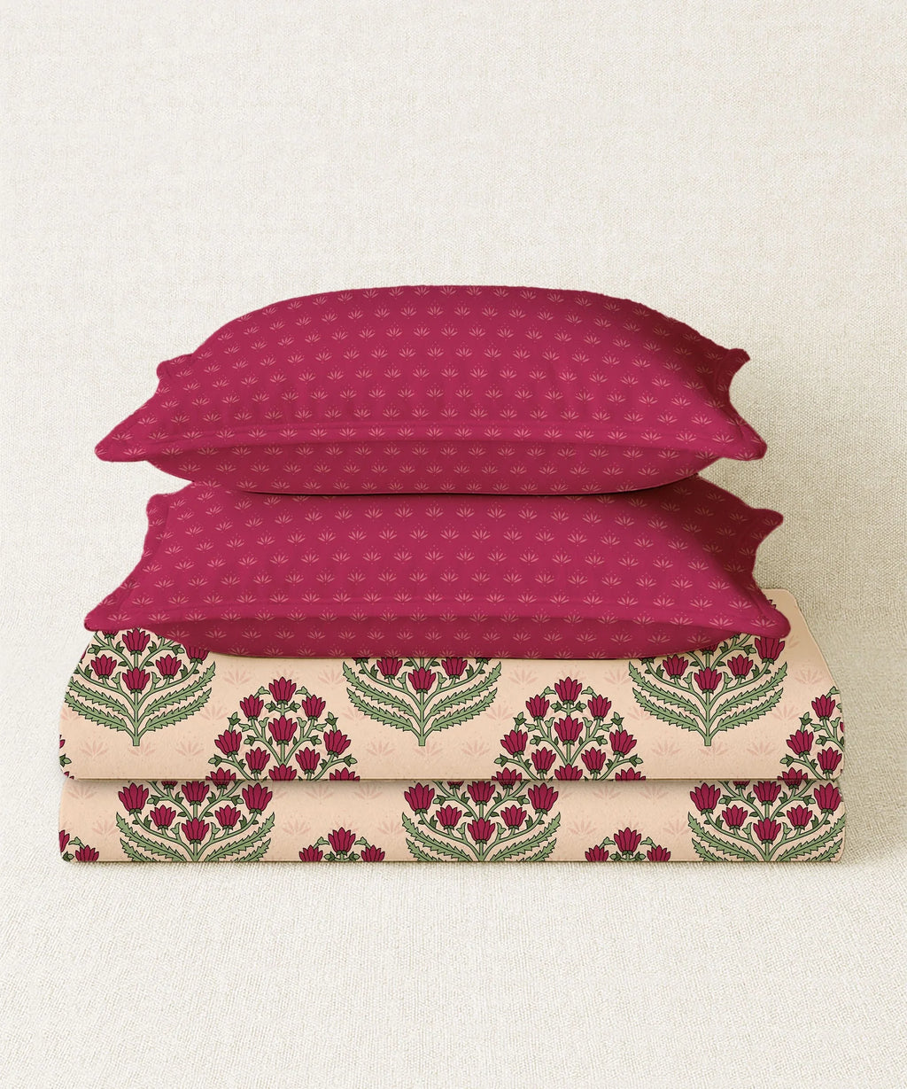 Home Essential Royal Bloom Queen Bedsheet Set, Dhalia Pink| 144TC Cotton| 2 Pillow Covers