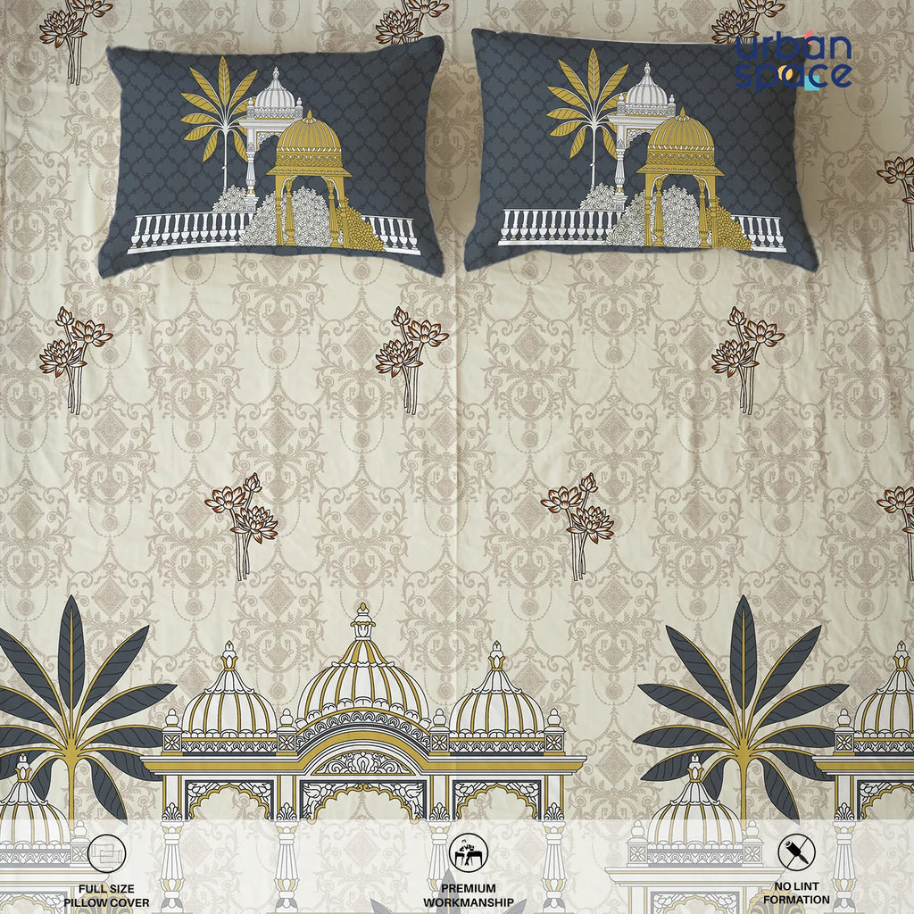 Serene 300 TC 100% Cotton Bedsheet with Pillow Covers, Panel Design - Aangan Grey