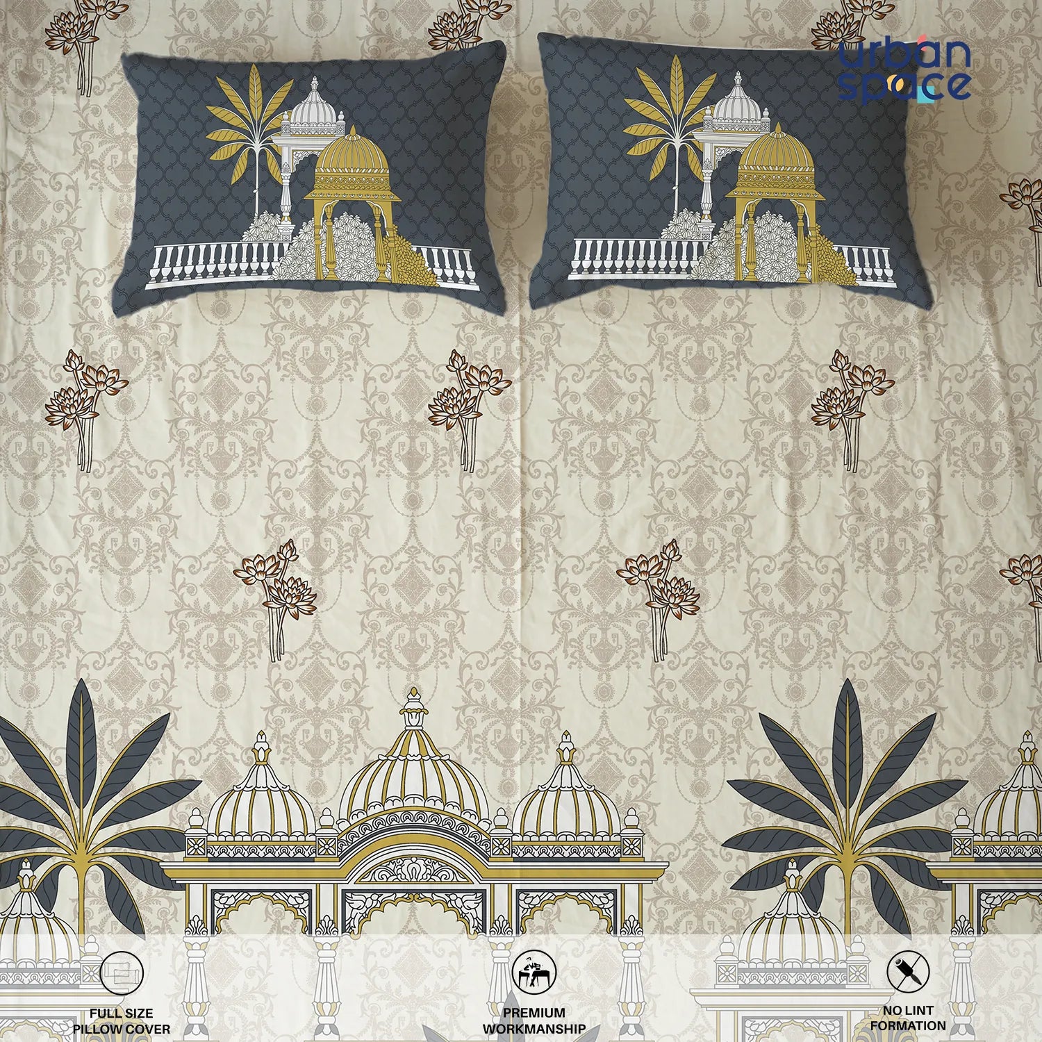 Serene 300 TC 100% Cotton Bedsheet with Pillow Covers, Panel Design - Aangan Grey