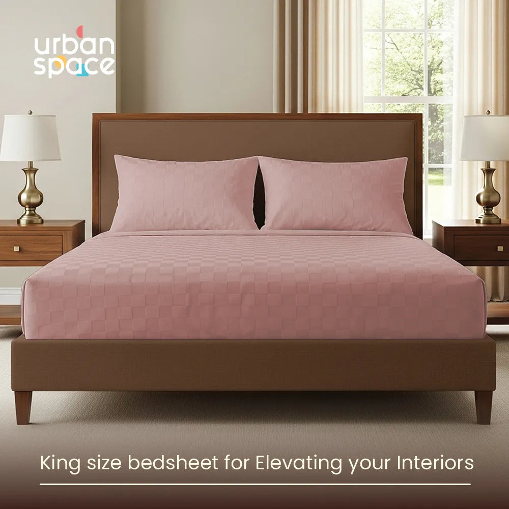 300 TC Super Soft King Bedsheet, Self Woven Cubes Design - Dusty Pink Cubes