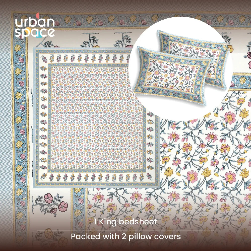 Rajasthani Ethnic 100% Cotton Bedsheet with 2 Pillow Covers, King Bed - Jagmandir Blue