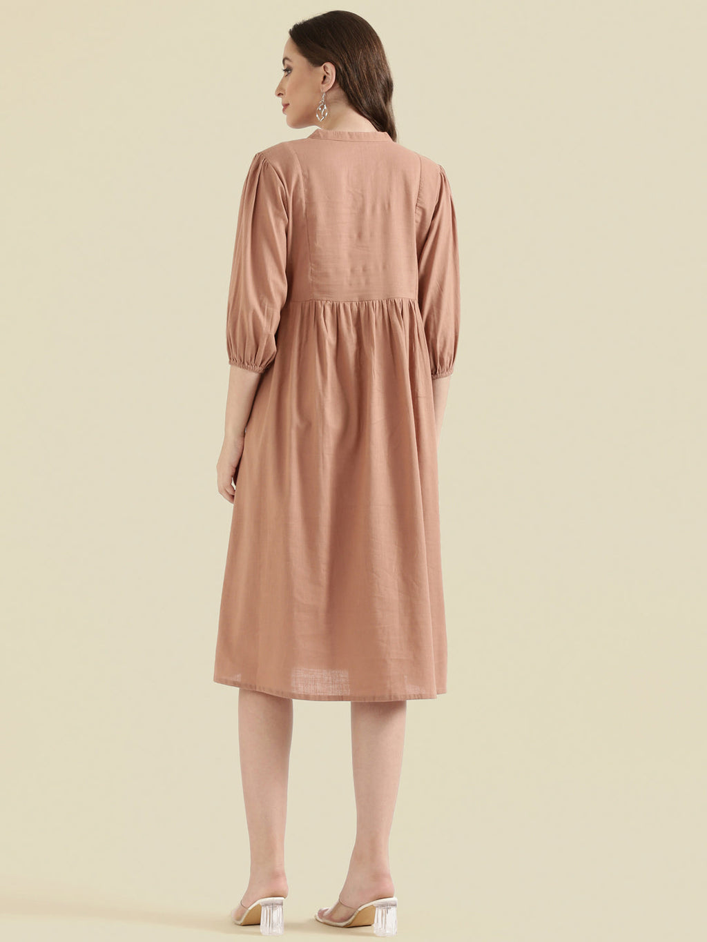 Cotton Slub Butti Embroidered Yoke Gathered Midi Dress