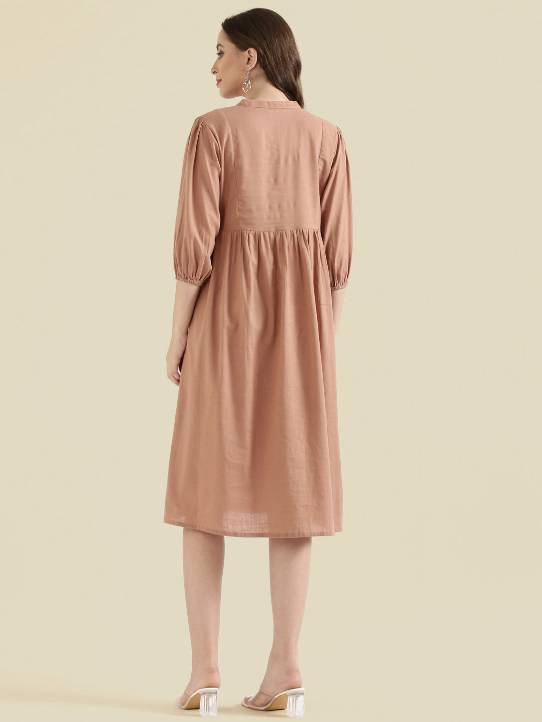 Cotton Slub Butti Embroidered Yoke Gathered Midi Dress