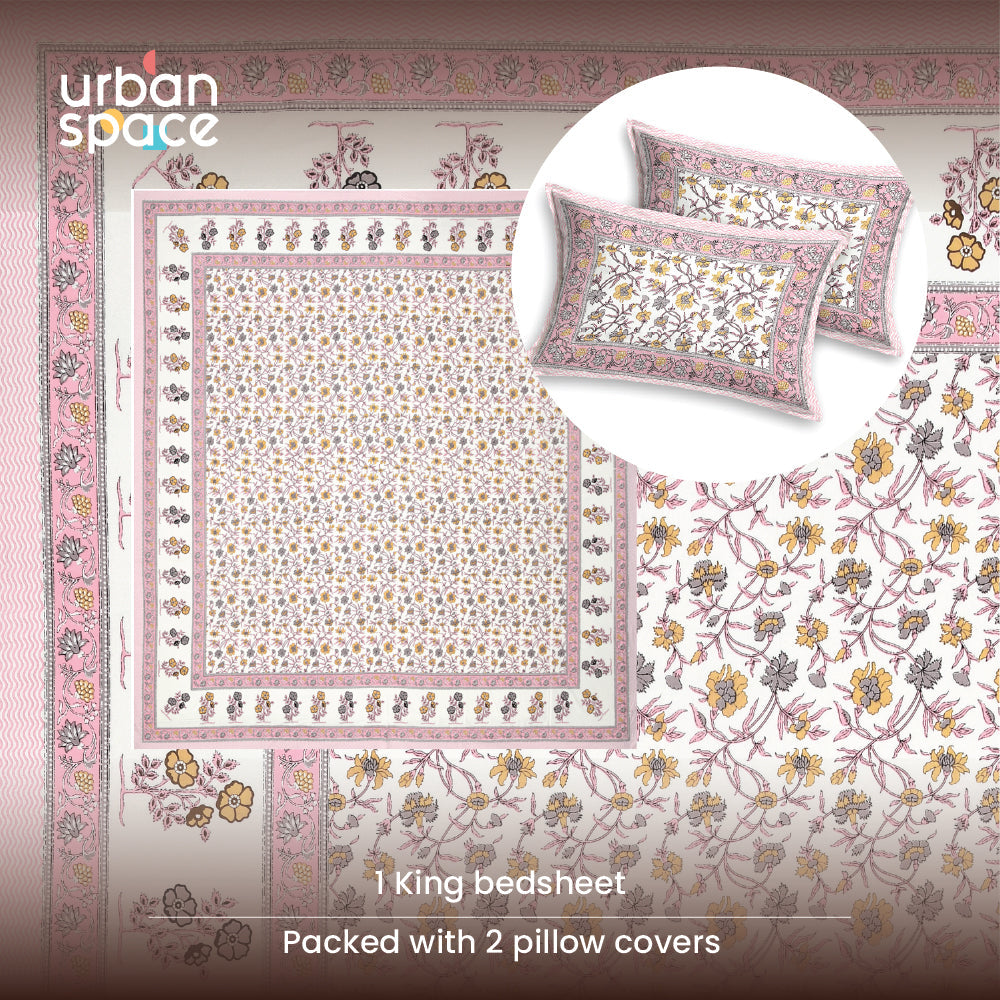 Rajasthani Ethnic 100% Cotton Bedsheet with 2 Pillow Covers, King Bed - Jagmandir Pink