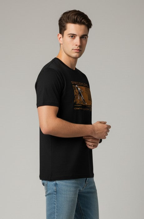 Men Printed Black Cotton Tshirt