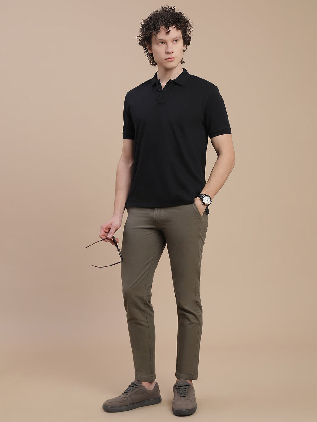 Men Black Johnny Collar T-Shirt