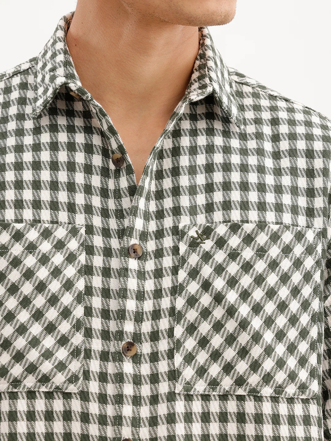 Comfort Fit Checkered Double Pocket Shirt  | Olive