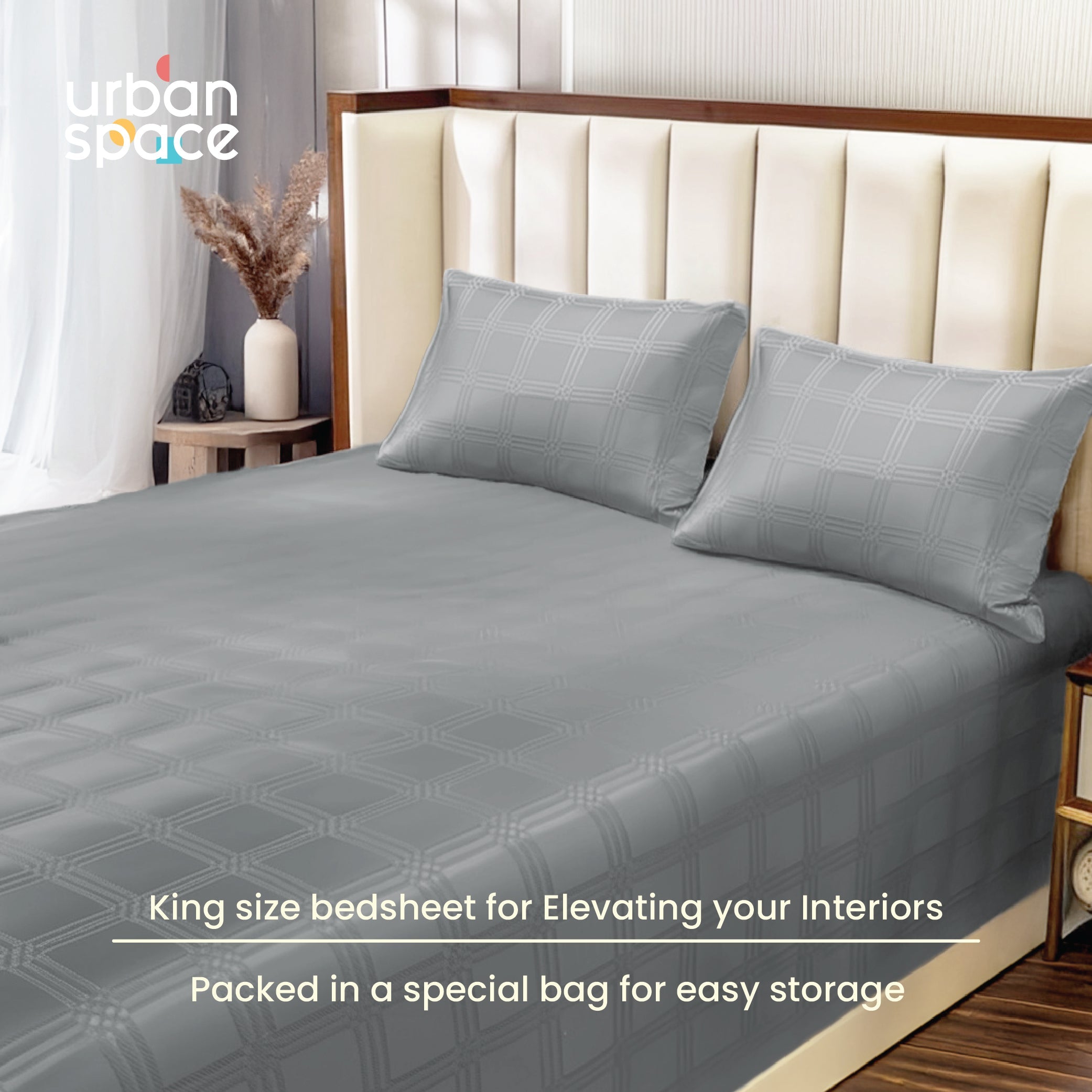 300 TC Super Soft King Bedsheet, Self Woven Checks Design - Grey Checks
