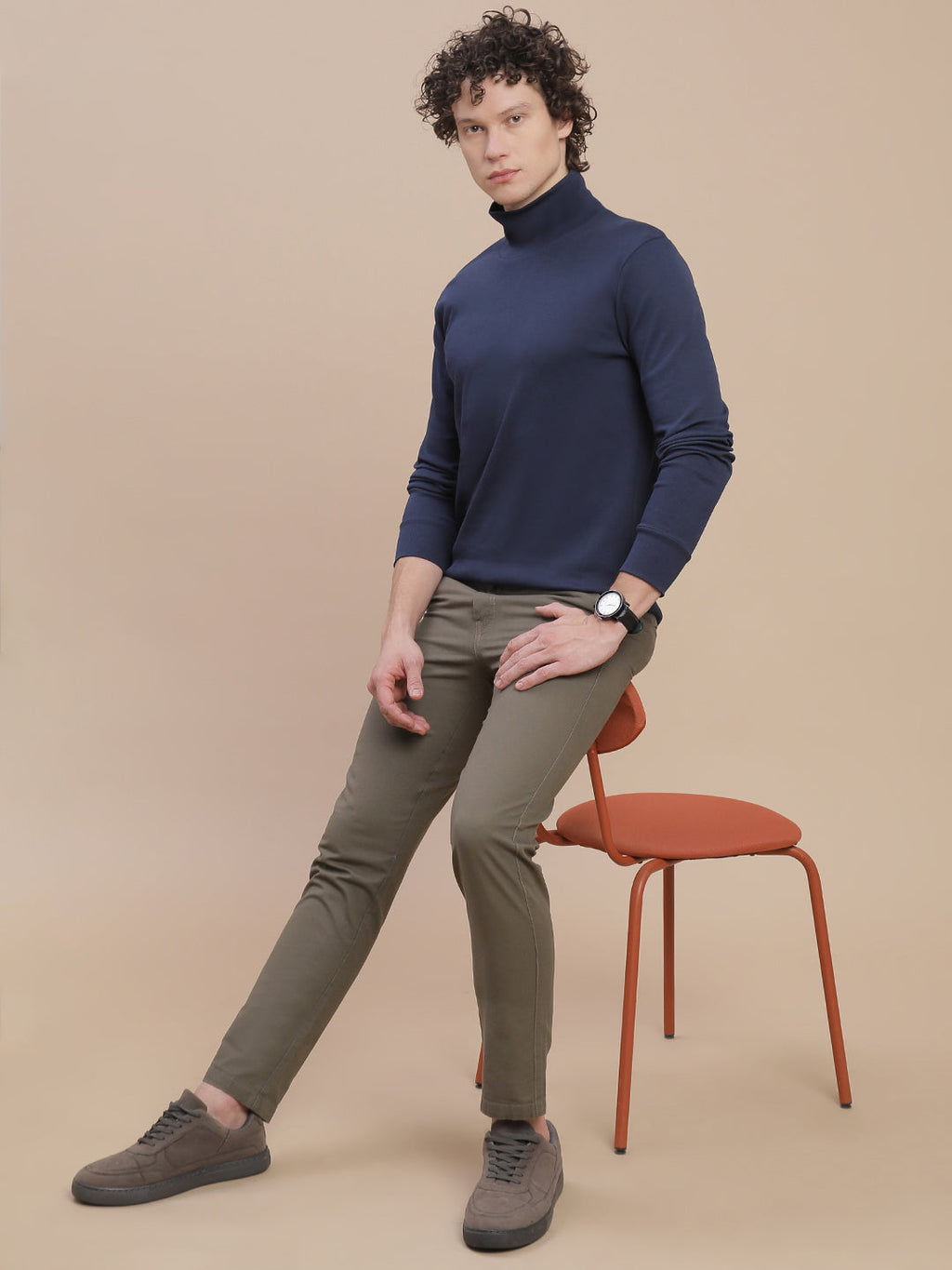 Men Navy Turtle Neck Long Sleeve Tees