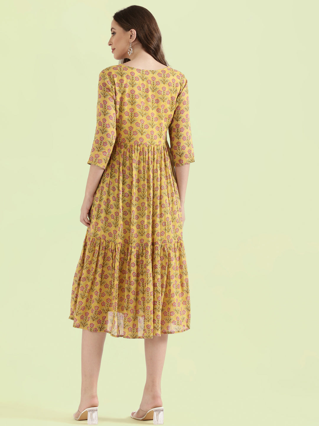 Cotton Voile Block Print V-Neck Gathered Tiered Midi Dress