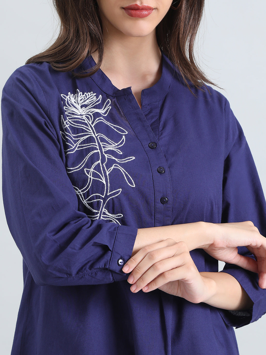 Cambric Cotton Thread Embroidered Mandarin Collar Longline Shirt