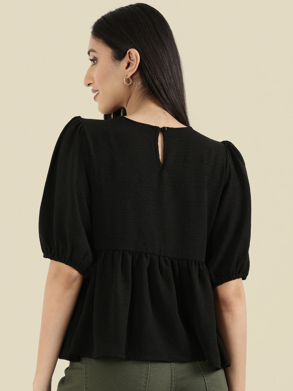 Hammered Crew Neck Peplum Top