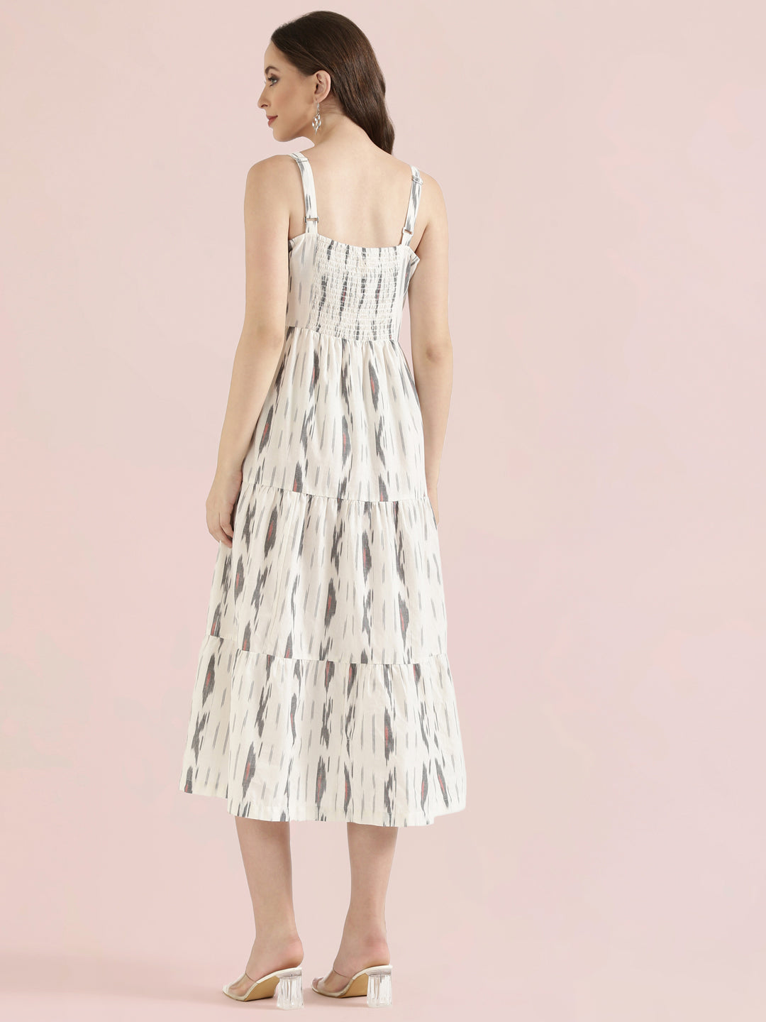 Ikat Print Cotton Smocked Back Tiered Dress
