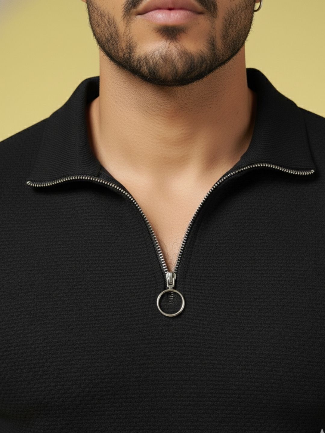 Men Black High Neck Polyester T-Shirt