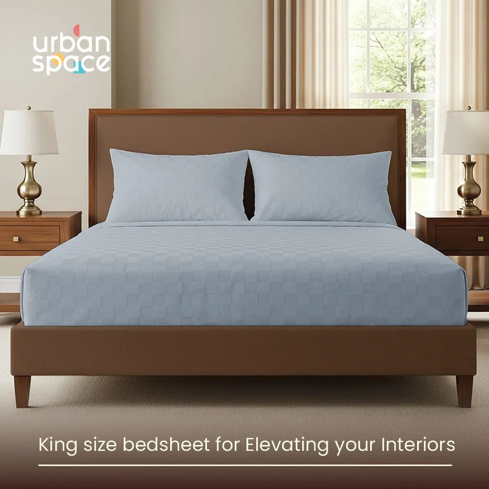 300 TC Super Soft King Bedsheet, Self Woven Cubes Design - Greyish Blue Cubes