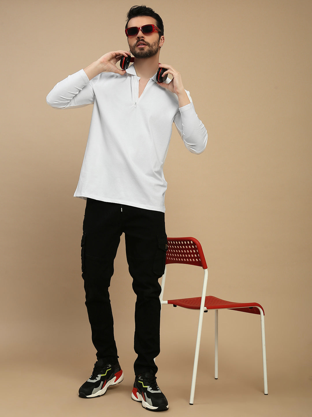 Men White Bonded Zipper Polo T-Shirt
