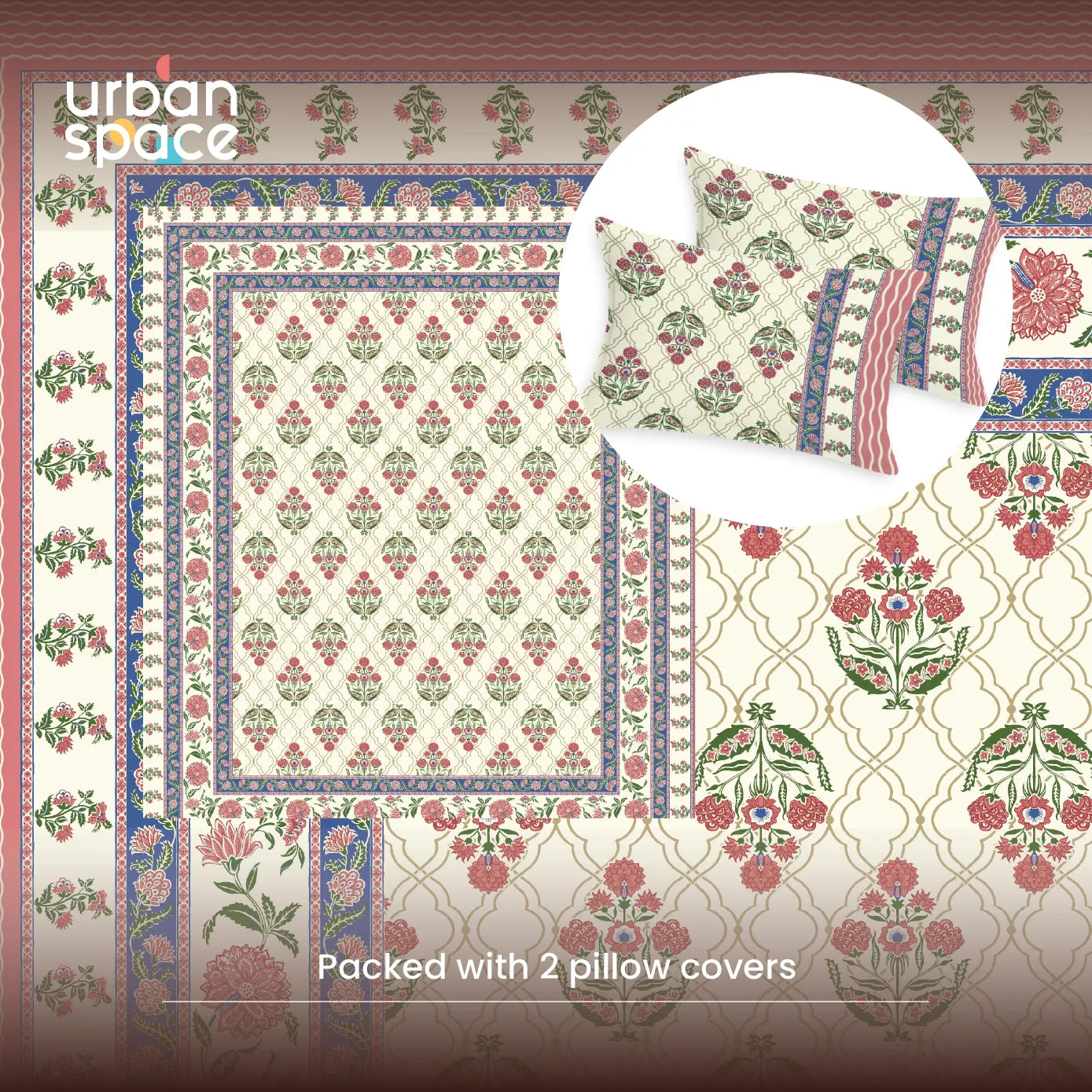 Rajasthani Ethnic 100% Cotton Bedsheet with 2 Pillow Covers - Amberjaal Pink