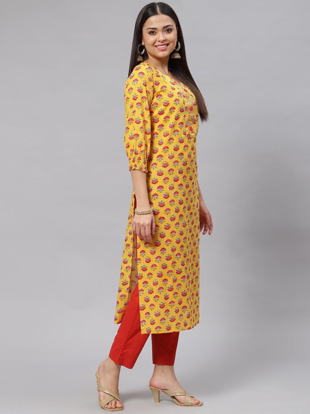 Divena Yellow Floral Cotton Kurta Pant Set with Dupatta