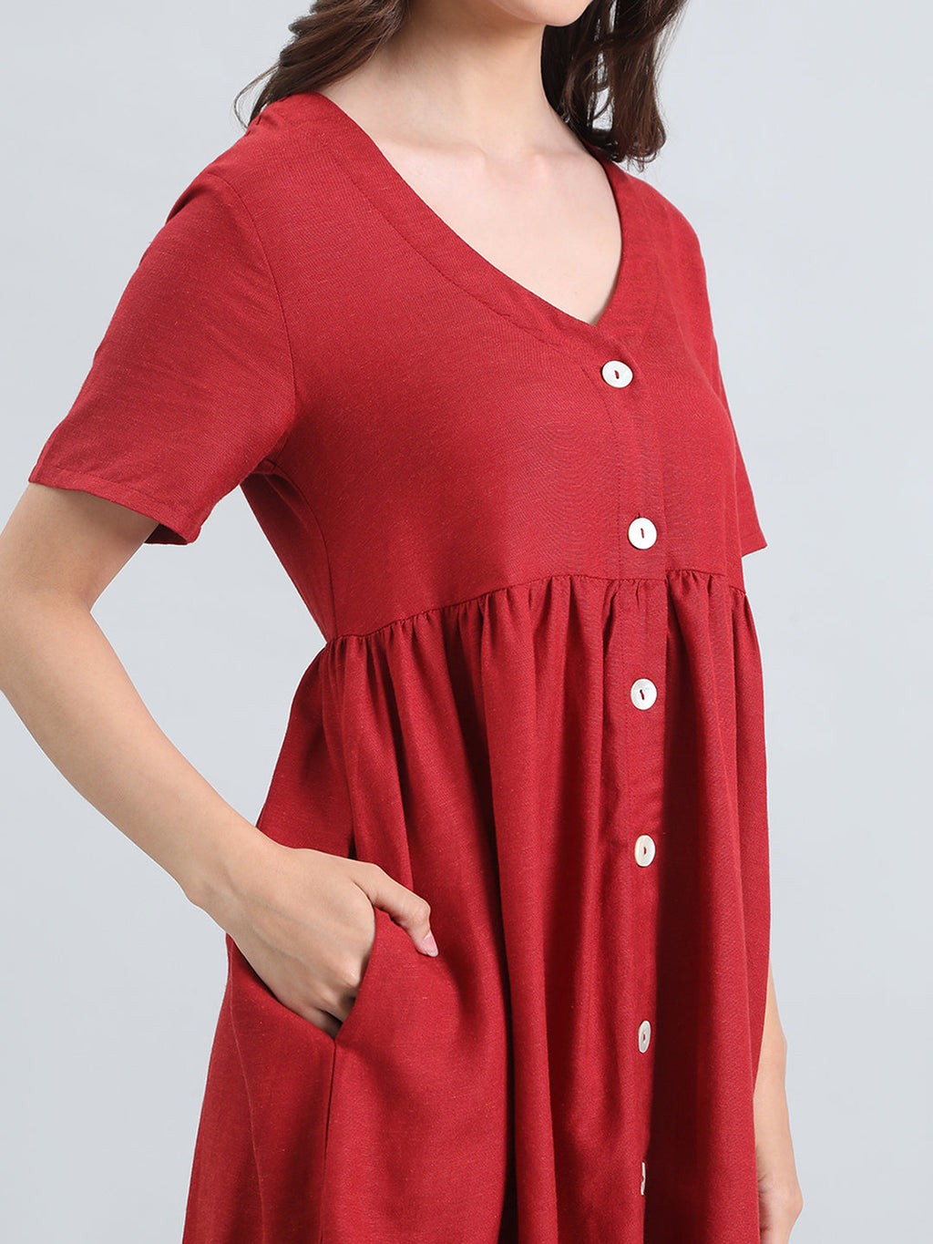 Linen V-Neck Regular Fit Short Dress