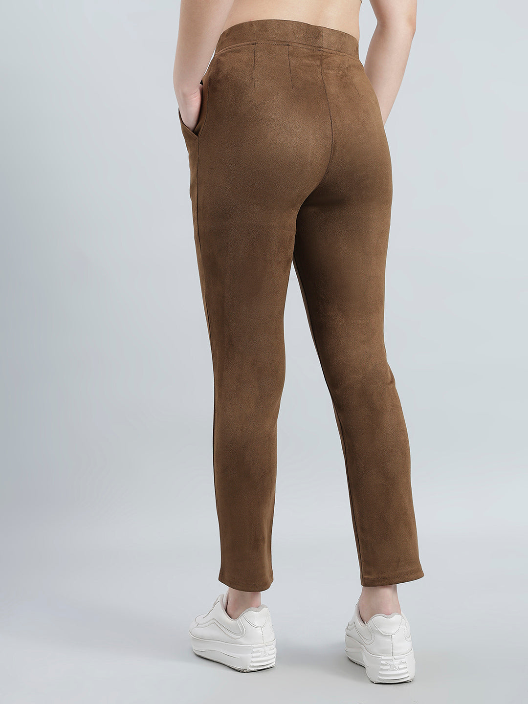 Brown Poly Stretch Suede Tregging