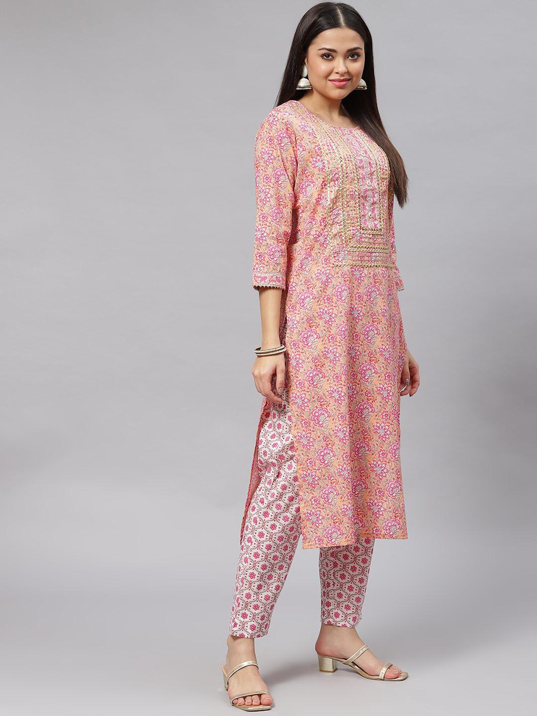 Divena Pink Cotton kurta Pant set with Dupatta