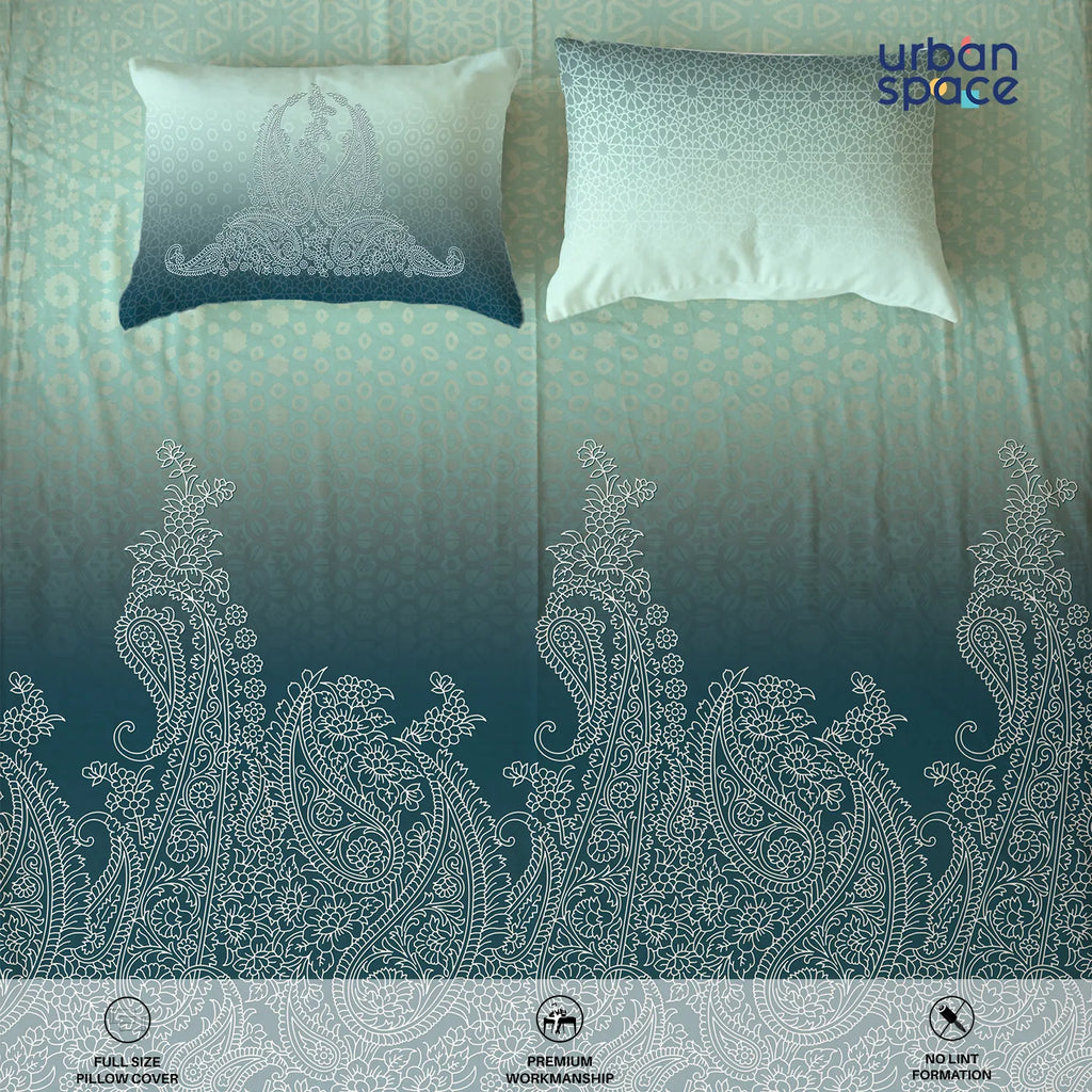 Serene 300 TC 100% Cotton Bedsheet with Pillow Covers, Panel Design - Ruhani Turquoise