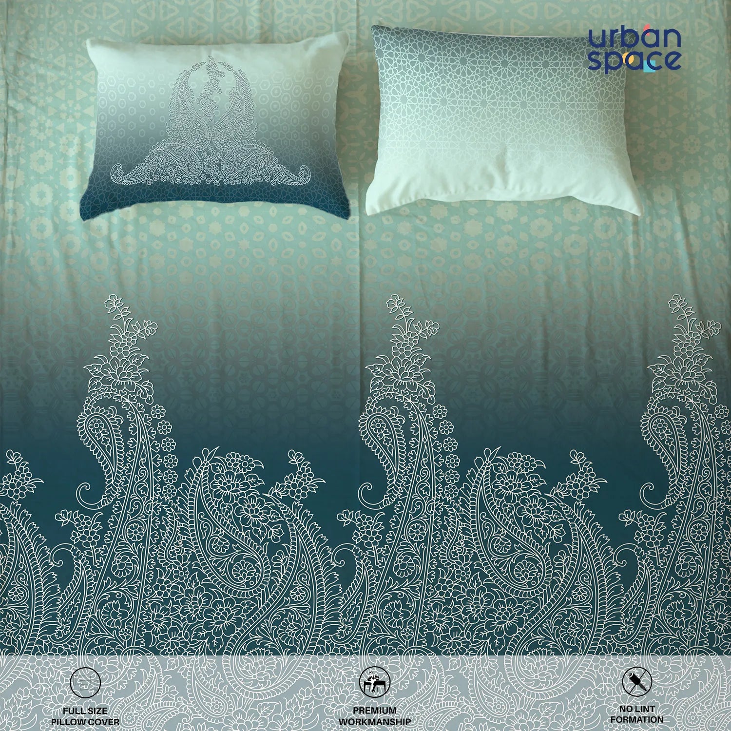 Serene 300 TC 100% Cotton Bedsheet with Pillow Covers, Panel Design - Ruhani Turquoise