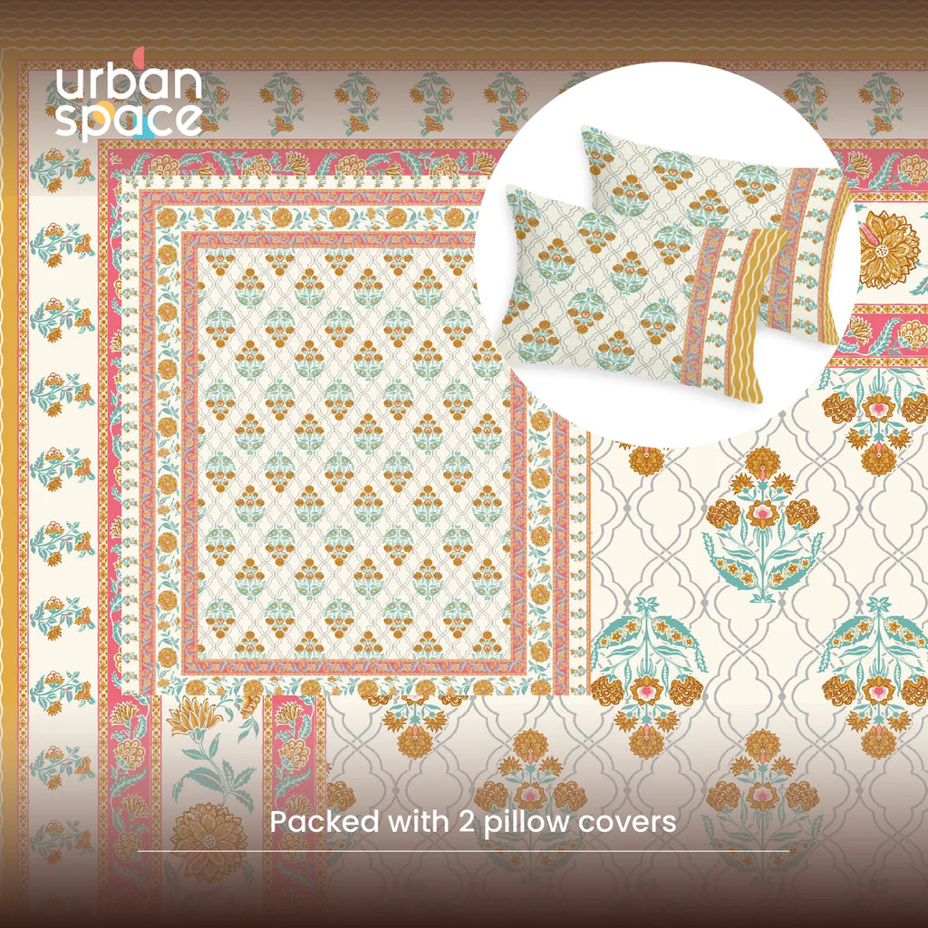 Rajasthani Ethnic 100% Cotton Bedsheet with 2 Pillow Covers - Amberjaal Yellow