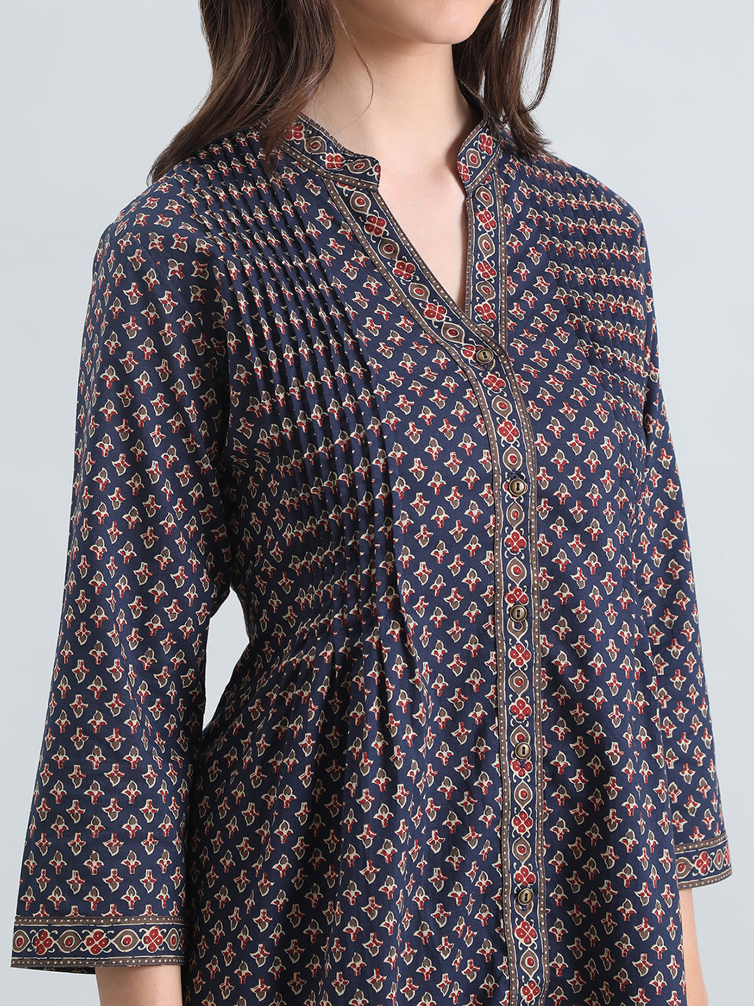 Cotton Ajrakh Buti Print Pintuck Short Kurti