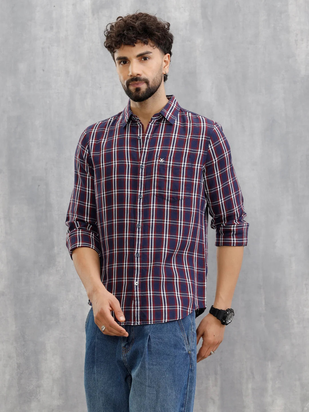 Textured Checkered Cotton Shirt | Navy Blue
