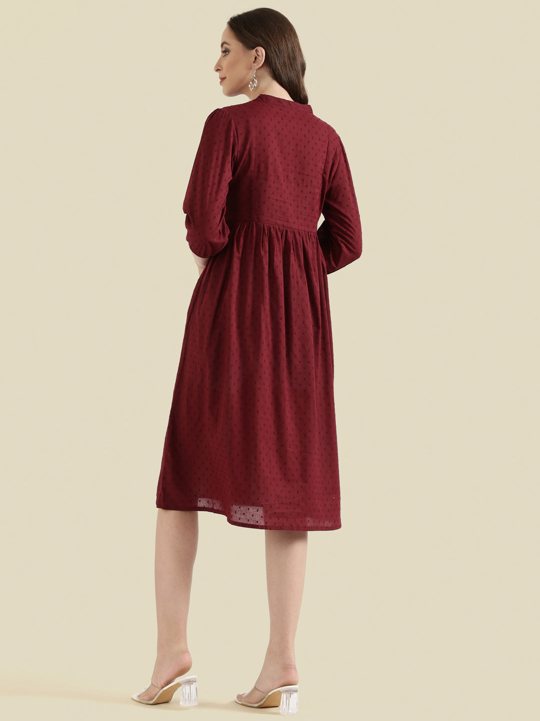 Cotton Dobby Geometric Embroidered Yoke Gathered Midi Dress