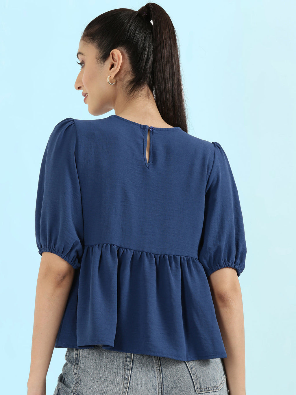Hammered Crew Neck Peplum Top