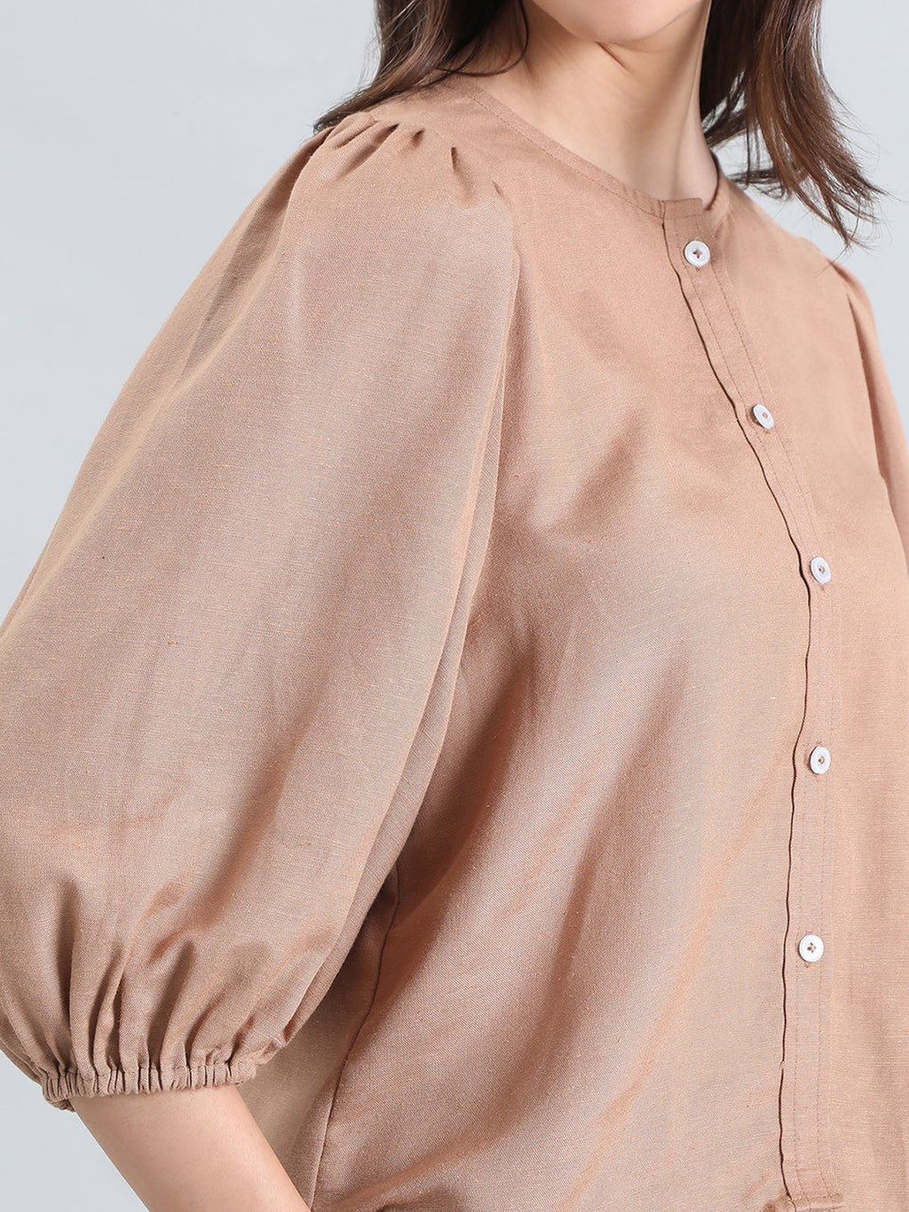 Linen Puff Sleeve Crew Neck Shirt