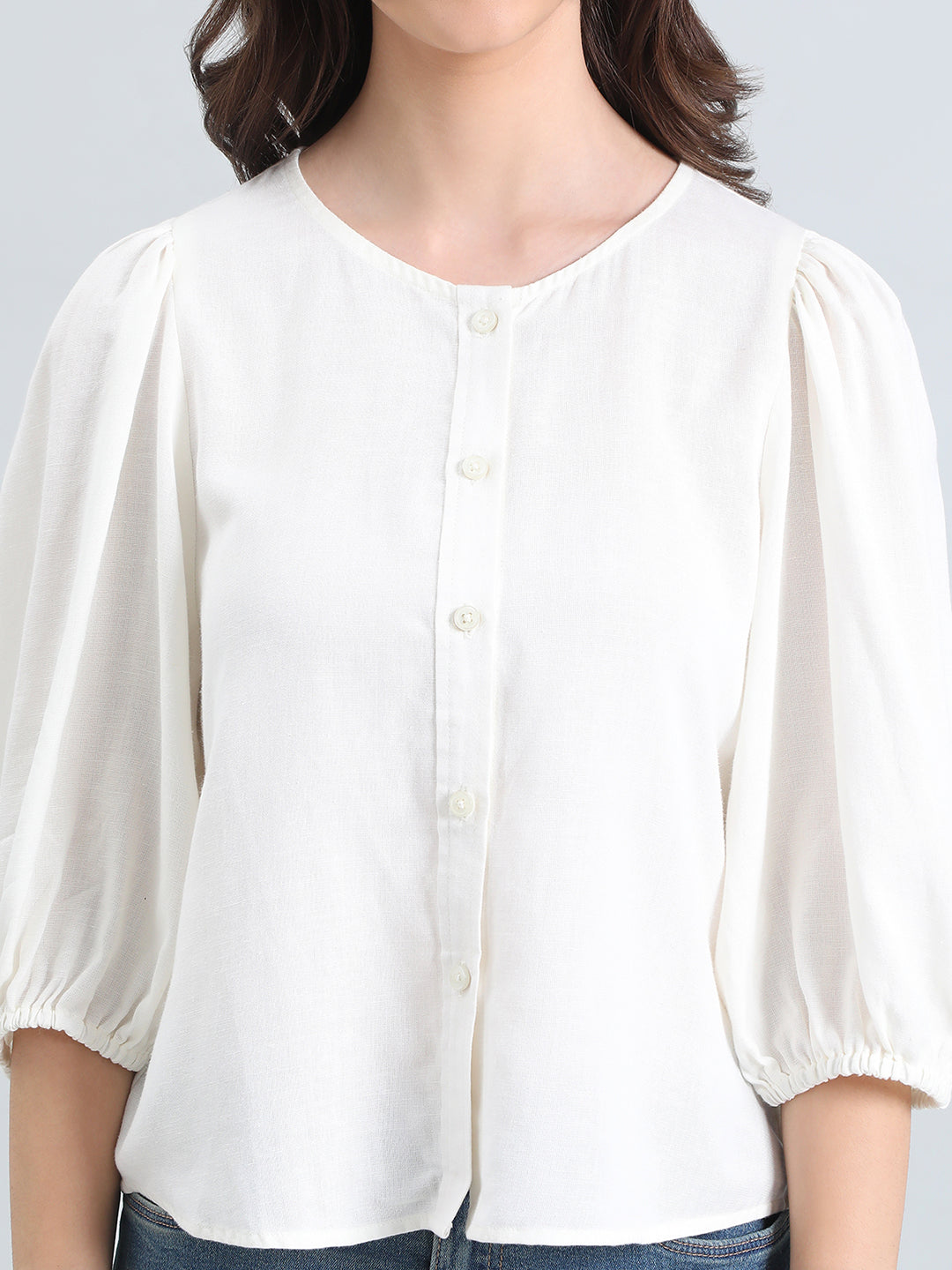 Linen Puff Sleeve Crew Neck Shirt