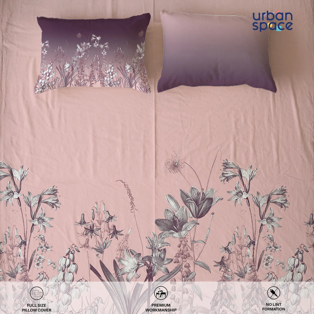 Serene 300 TC 100% Cotton Bedsheet with Pillow Covers, Panel Design - Aranya Mauve
