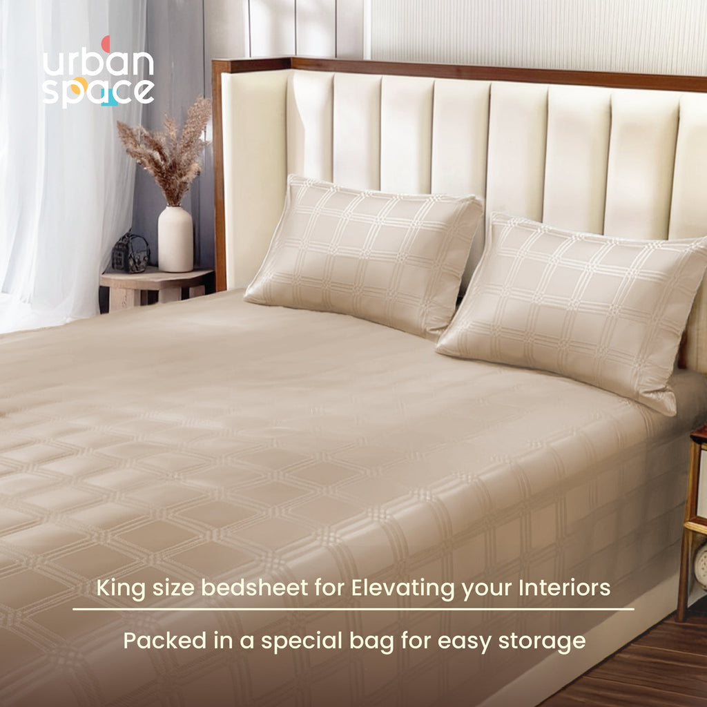 300 TC Super Soft King Bedsheet, Self Woven Checks Design - Beige Checks