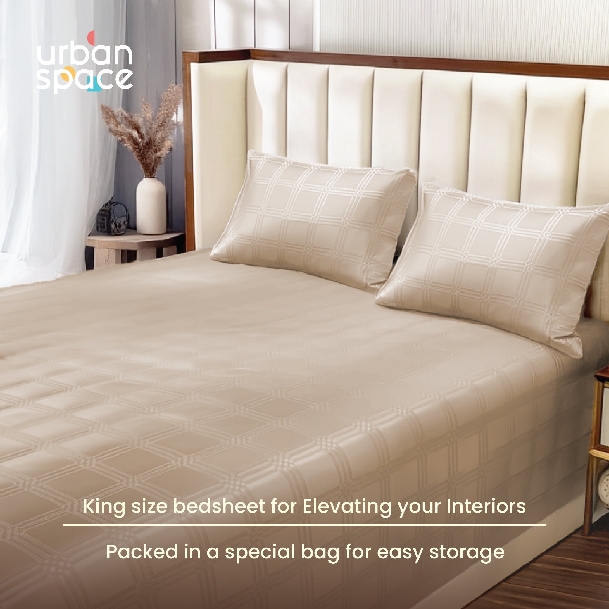 300 TC Super Soft King Bedsheet, Self Woven Checks Design - Beige Checks