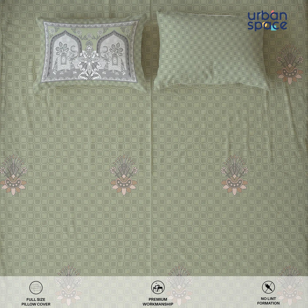 Serene 300 TC 100% Cotton Bedsheet with Pillow Covers, Panel Design - Vanraj Sage Green