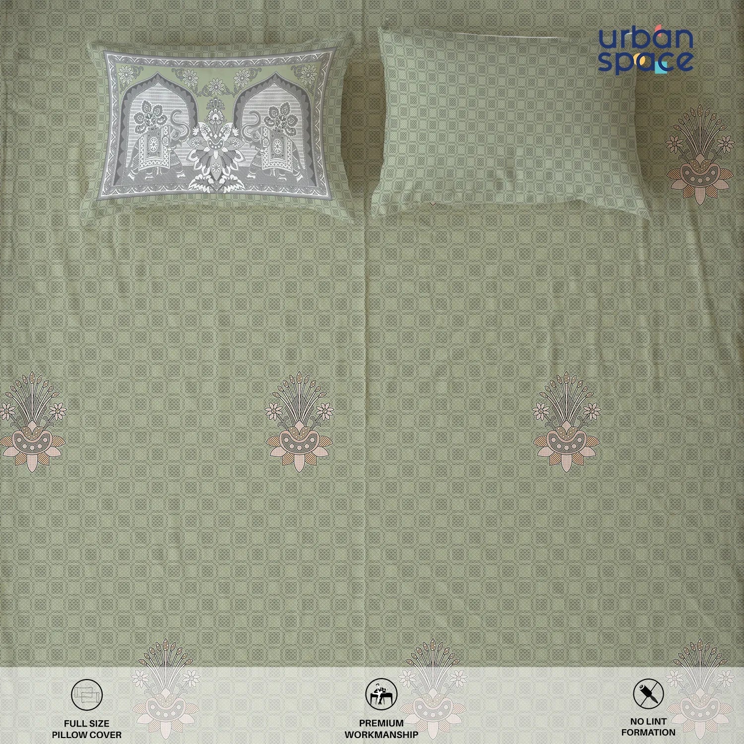 Serene 300 TC 100% Cotton Bedsheet with Pillow Covers, Panel Design - Vanraj Sage Green